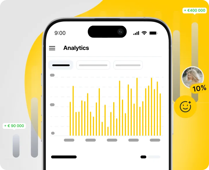 Mobile screen displaying analytics with yellow bar graph and user metrics