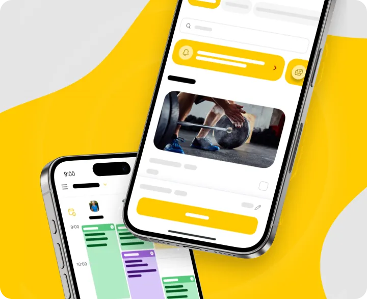 Mobile app interface showcasing workout features and schedule management.