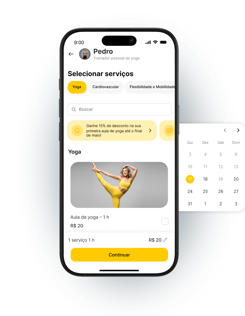 Tela de aplicativo de yoga mostrando serviços e agendamento