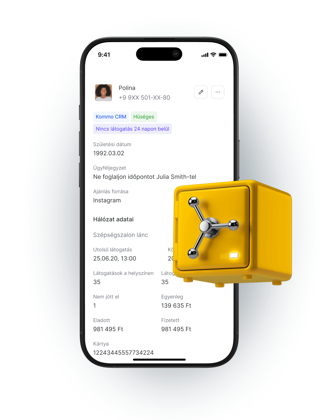 Mobile app interface displaying client data with a yellow safe icon