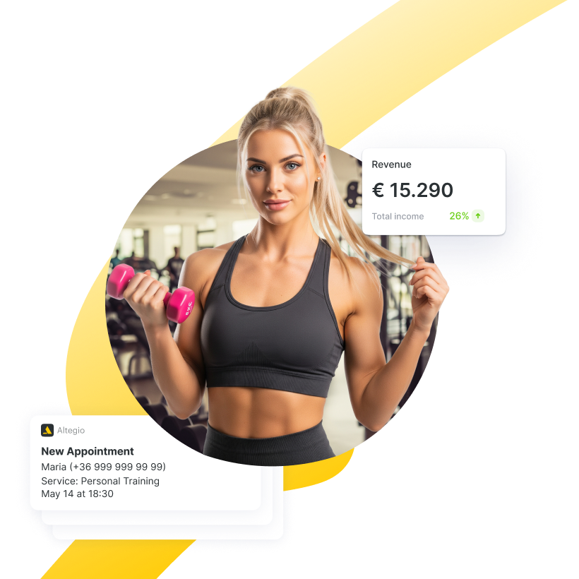 A fit woman holding dumbbells in a gym, with revenue statistics displayed.