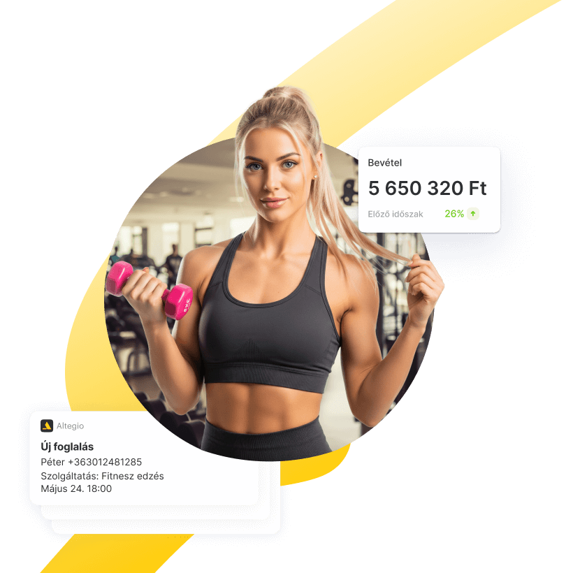 A fit woman holding dumbbells in a gym, with revenue statistics displayed.