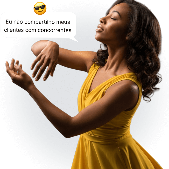 A woman in a yellow dress dancing with a confident expression and a speech bubble.