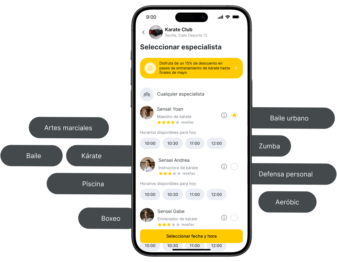Mobile app interface for selecting karate specialists and booking classes.