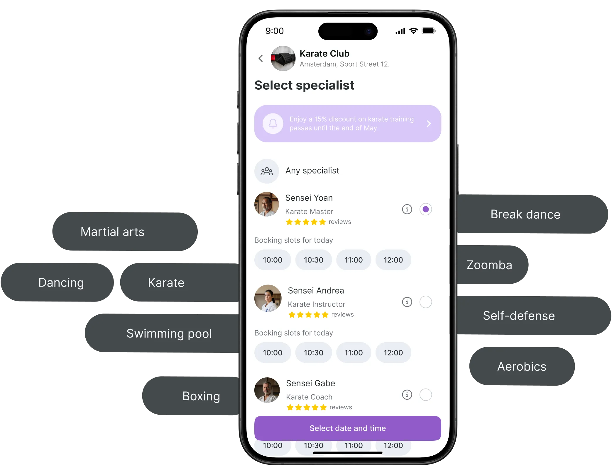 Mobile app interface for selecting karate specialists and booking classes.