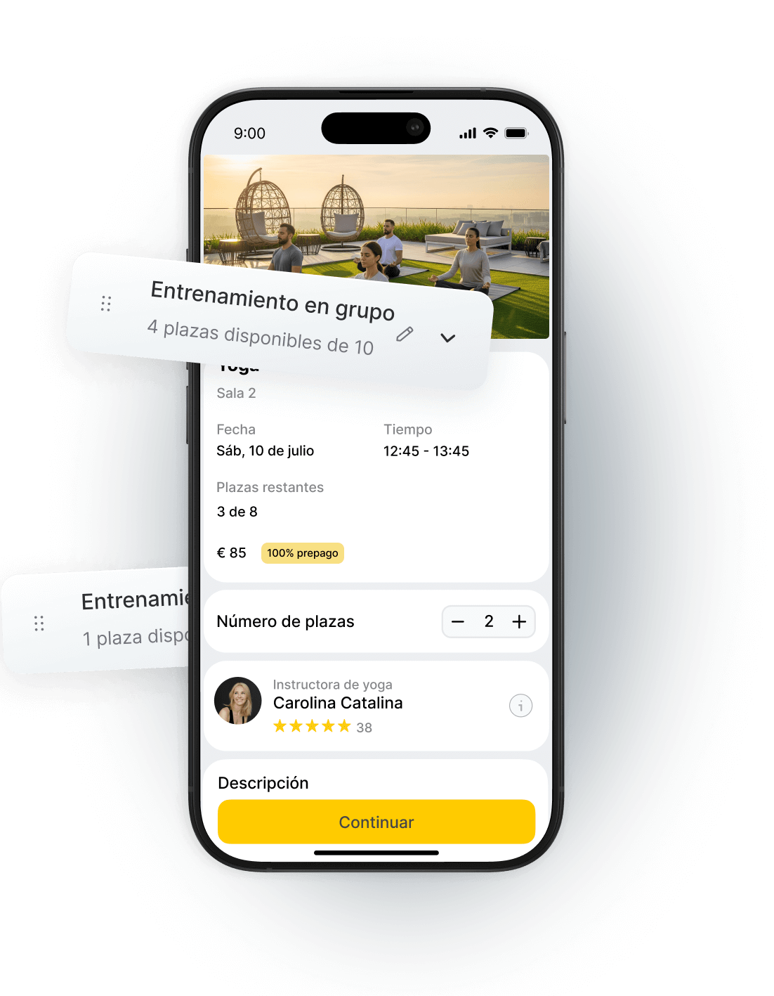 Mobile app interface showing group and individual training options with available spots and instructor details.