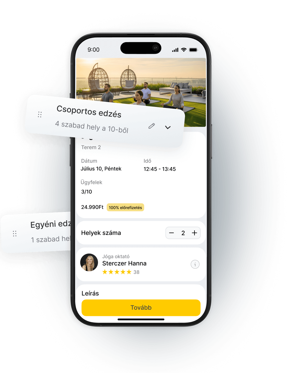 Mobile app interface showing group and individual training options with available spots and instructor details.