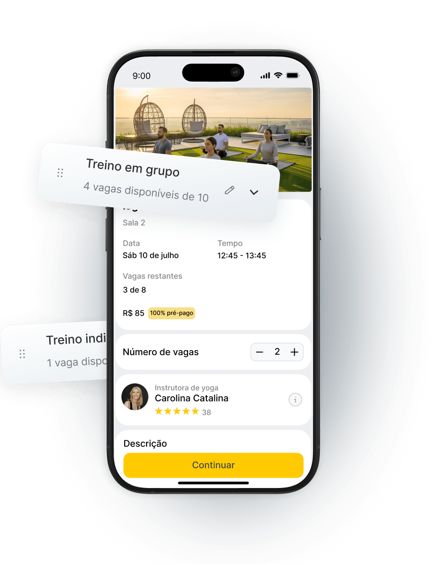 Tela de aplicativo mostrando opções de treino em grupo e individual com detalhes de reserva.