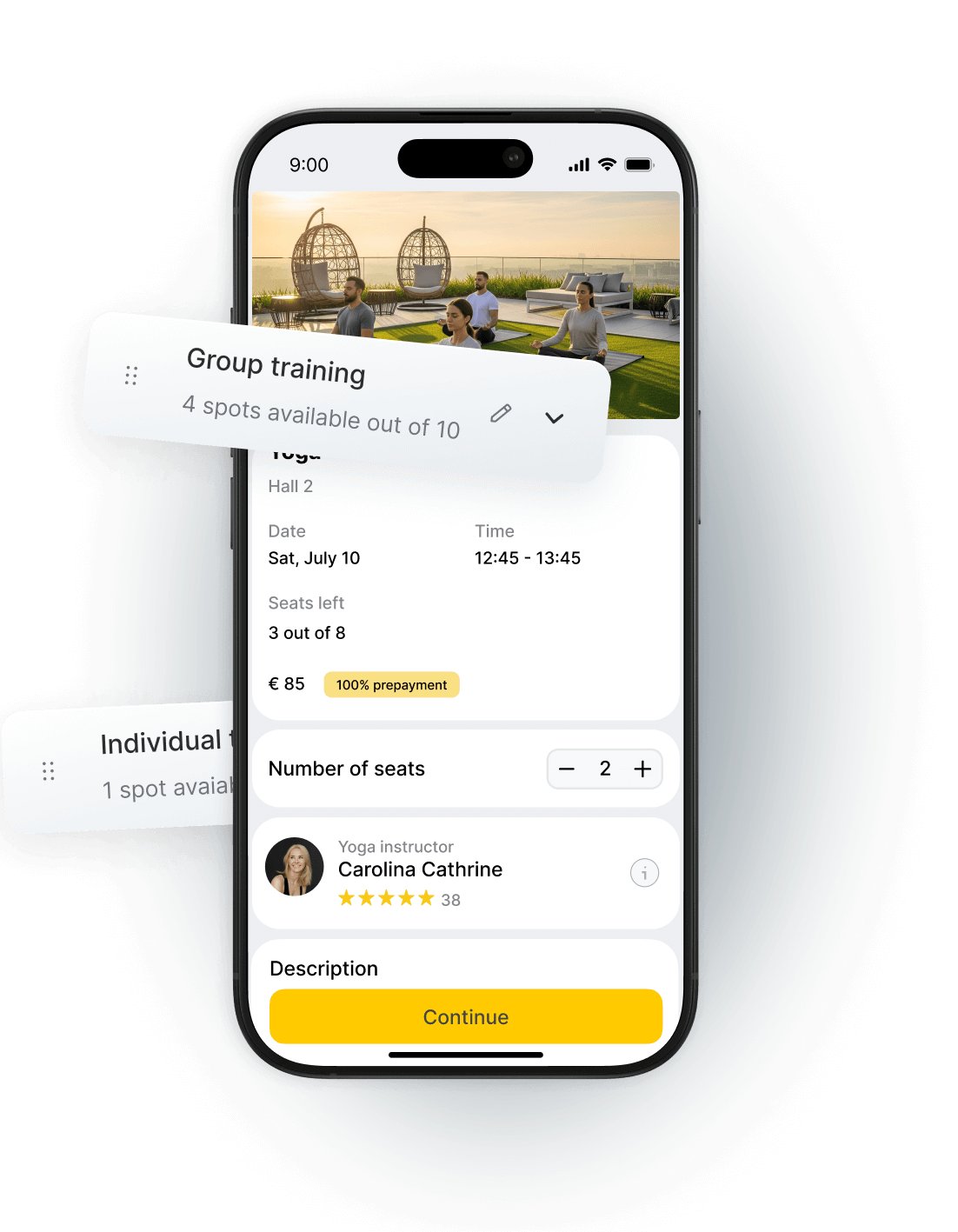 Mobile app interface showing group and individual training options with available spots and instructor details.