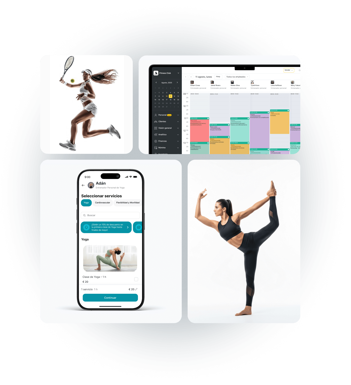 Collage of fitness activities including tennis, yoga app interface, and a yoga pose.