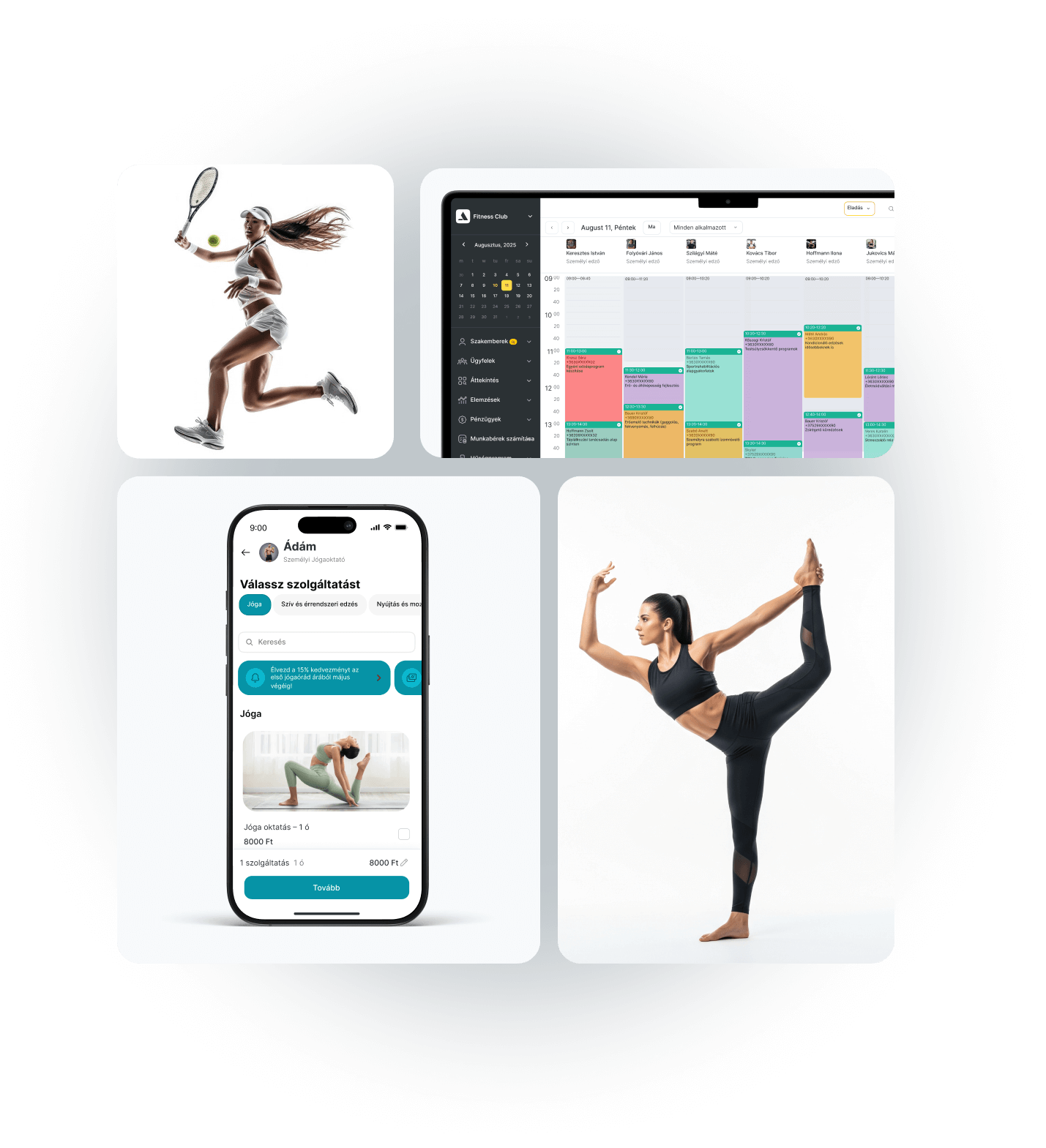 Collage of fitness activities including tennis, yoga app interface, and a yoga pose.
