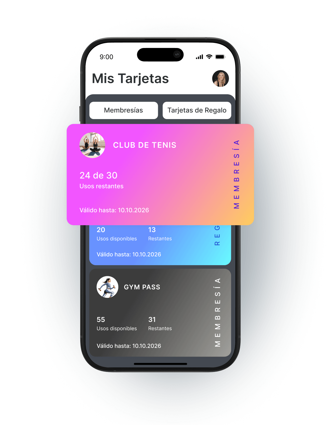 Mobile app interface showing membership cards for a tennis club and gym pass with usage details.