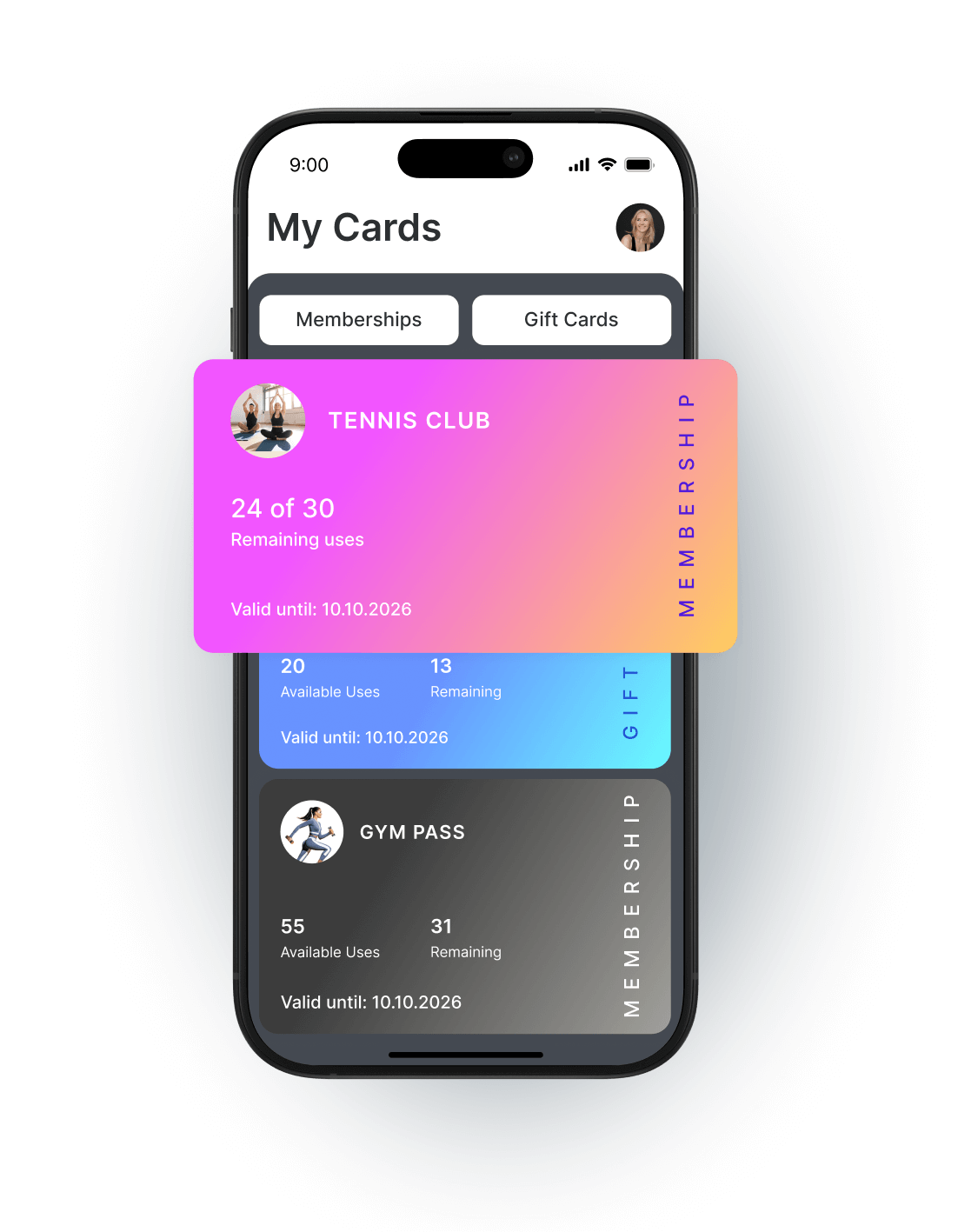 Mobile app interface showing membership cards for a tennis club and gym pass with usage details.