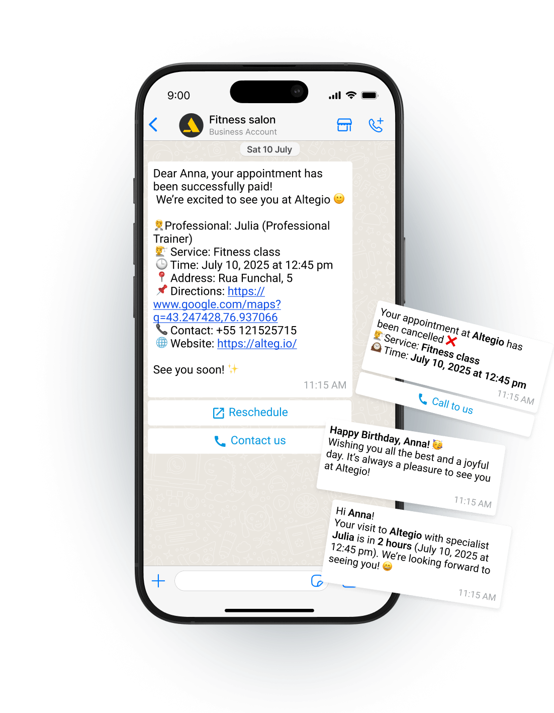 Mobile phone displaying appointment notifications for a fitness salon.