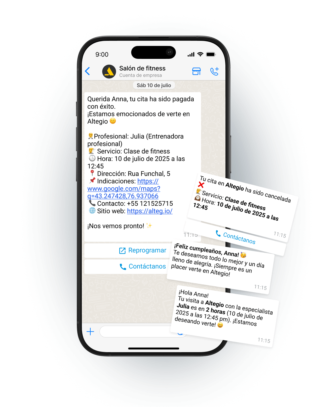 Mobile phone displaying appointment notifications for a fitness salon.