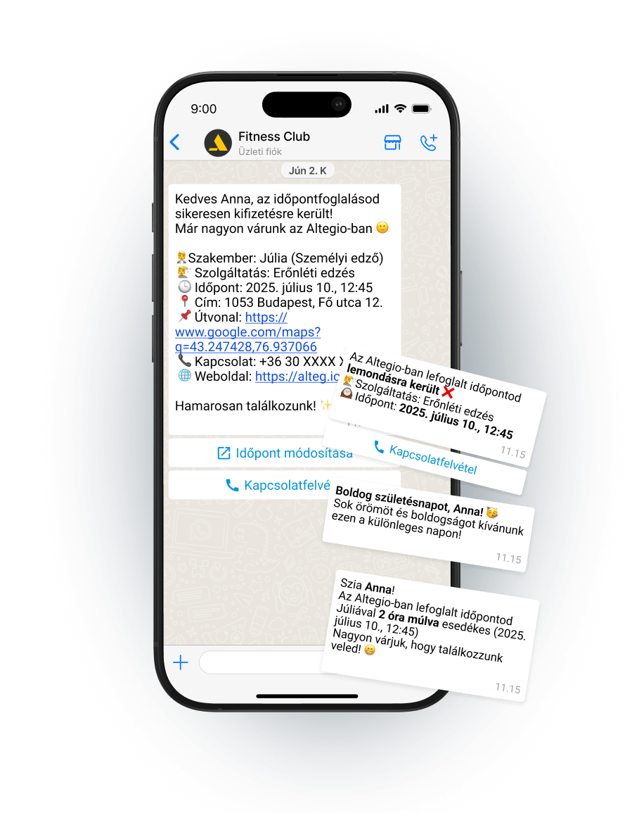 Mobile phone displaying appointment notifications for a fitness salon.