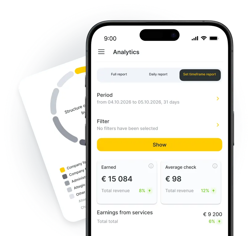 Mobile app interface displaying analytics and revenue data
