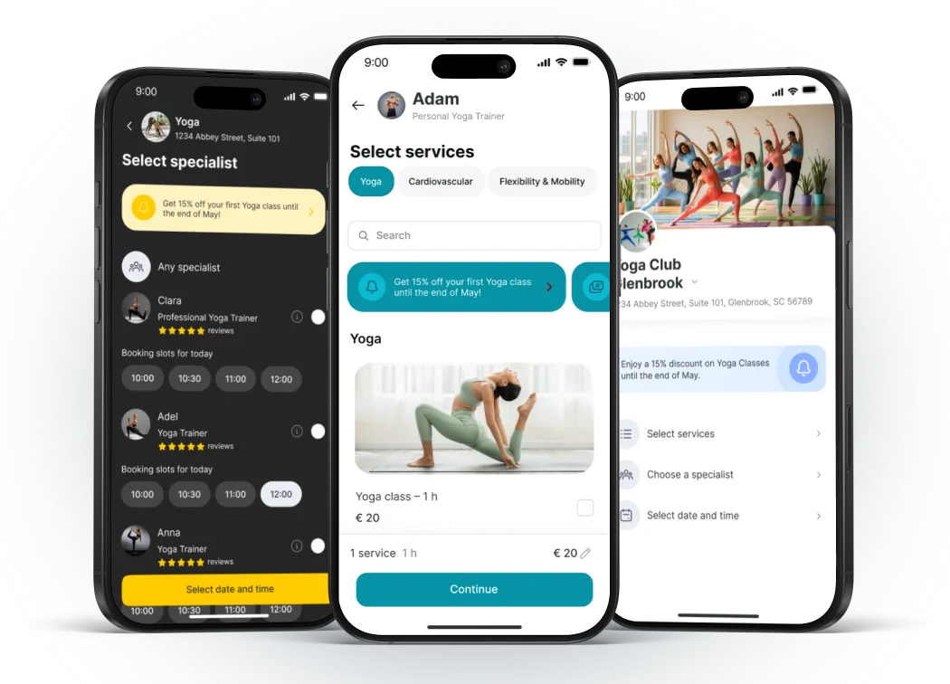 Mobile app interface for booking yoga classes with trainers and services.