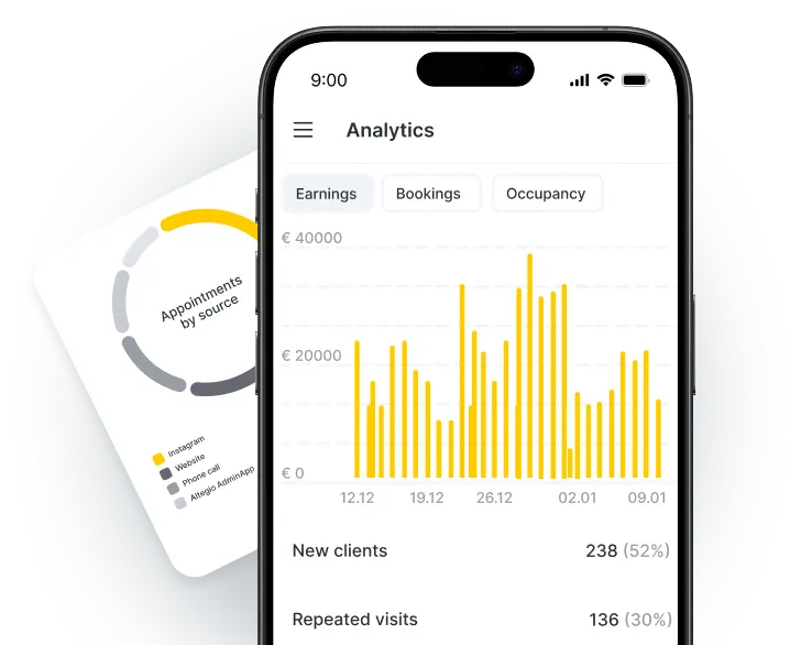 Mobile analytics dashboard showing earnings, bookings, and occupancy statistics.