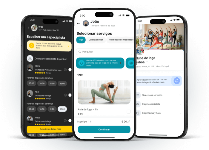 Tela de aplicativo de yoga mostrando seleção de serviços e especialistas.