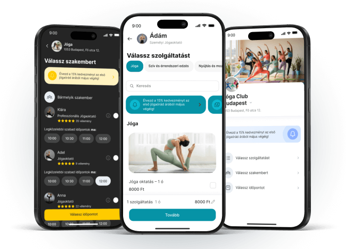 Mobile app interface for booking yoga classes with trainers and services.
