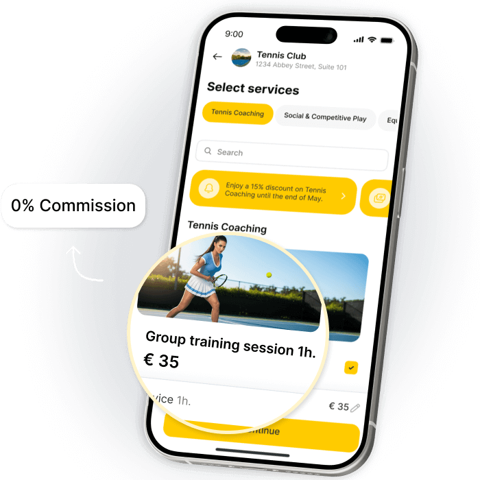 Mobile app interface for Tennis Club showing coaching services and pricing