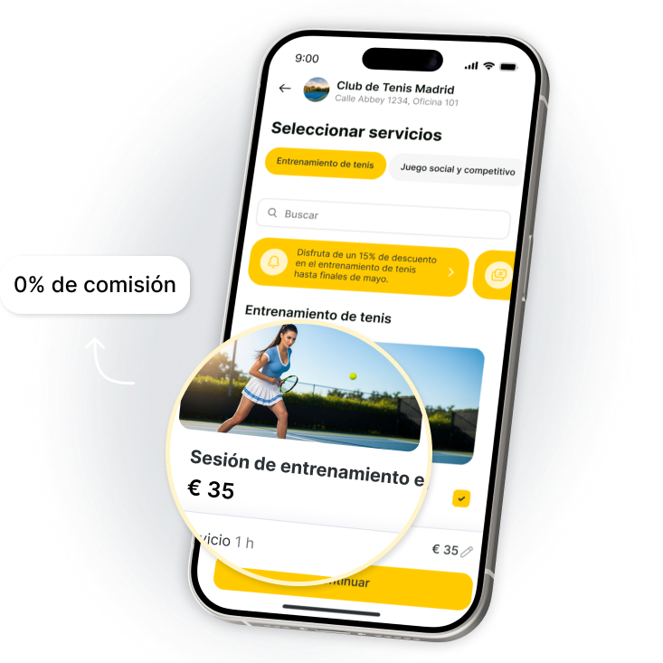 Mobile app interface for Tennis Club showing coaching services and pricing