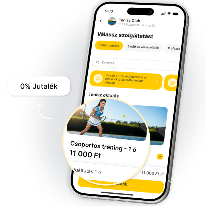 Mobile app interface for Tennis Club showing coaching services and pricing