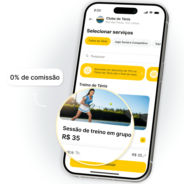Tela de aplicativo do Clube de Tênis com informações sobre treinos e preços.