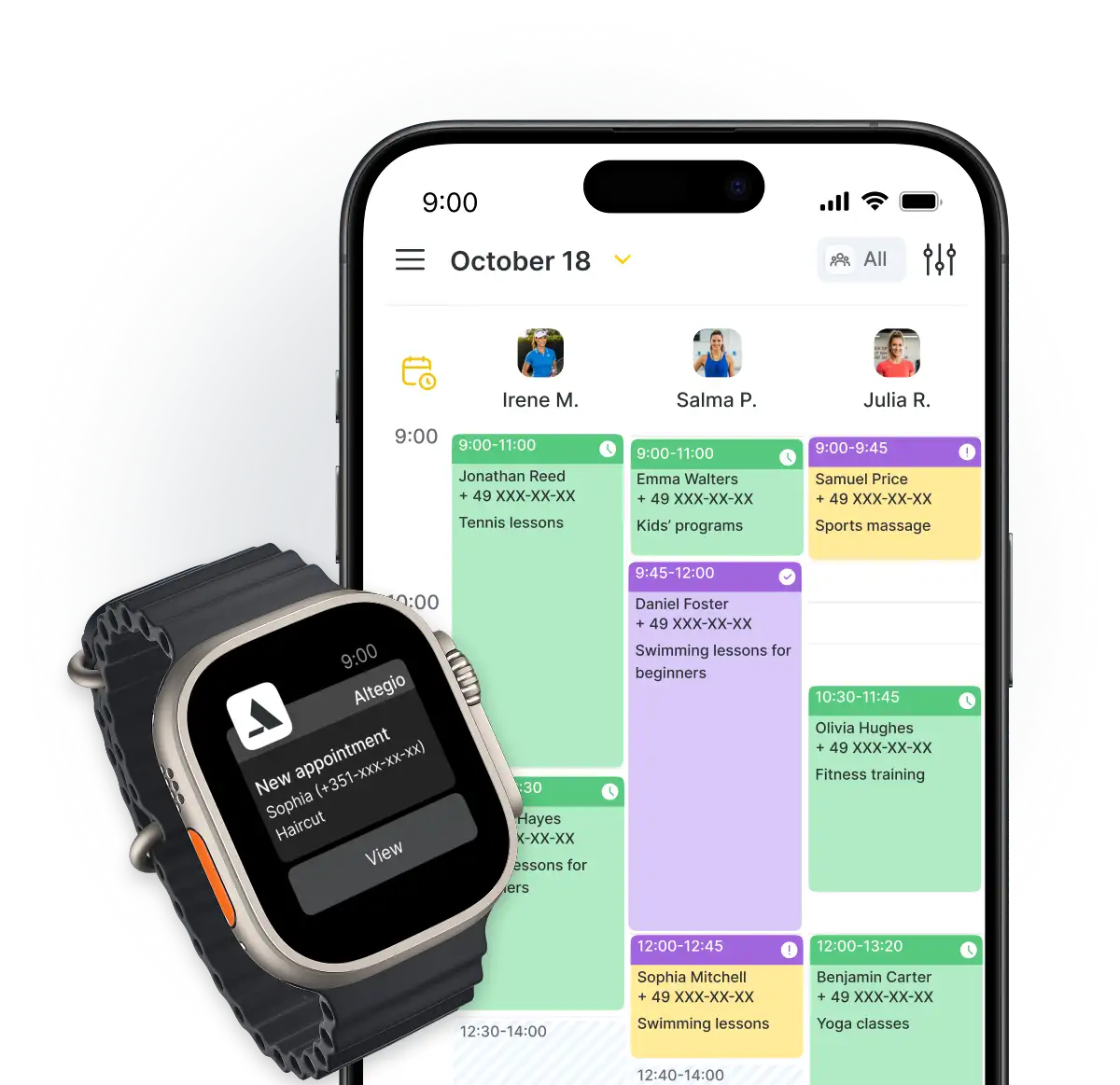 Smartwatch displaying a new appointment notification alongside a mobile calendar app.
