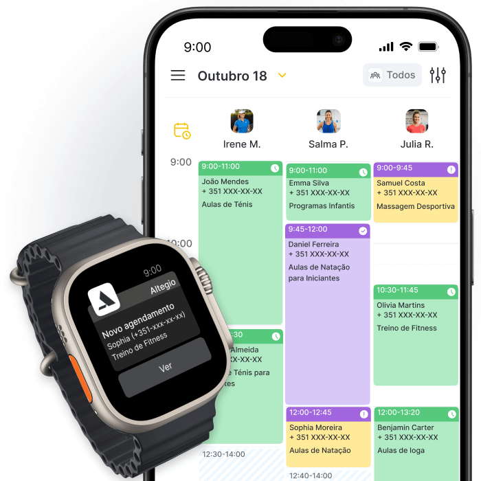 Tela de agendamento com horários e notificações em smartwatch.