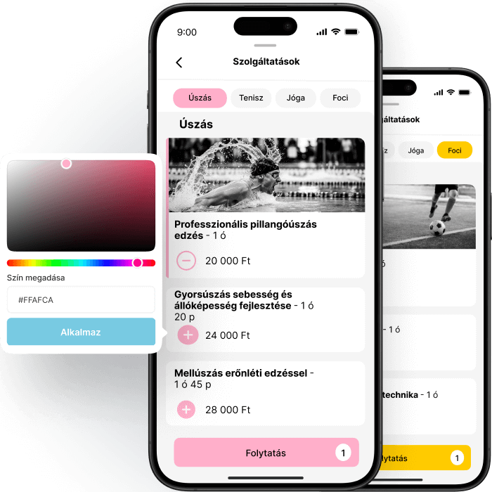 Mobile app interface for sports training services with color customization options.