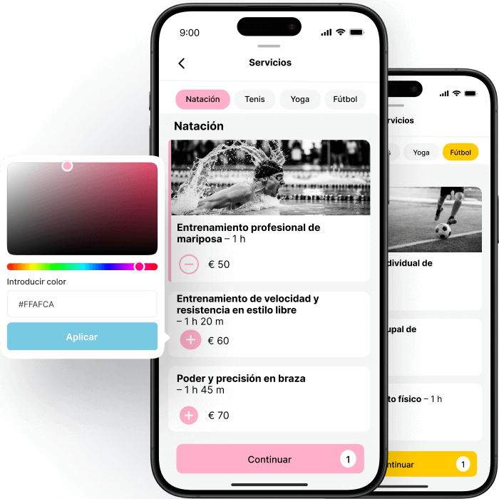 Mobile app interface for sports training services with color customization options.