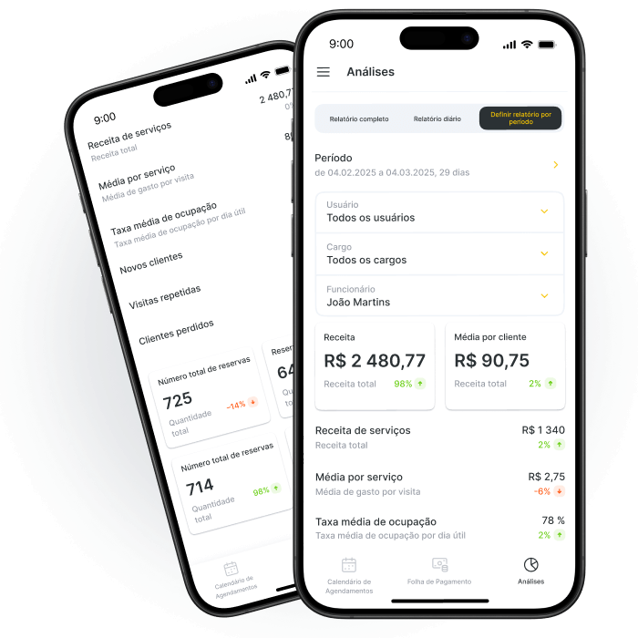 Dois smartphones exibindo análises financeiras e métricas de serviços.
