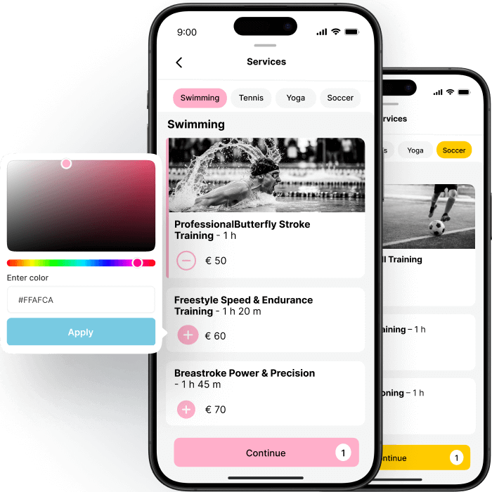 Mobile app interface for sports training services with color customization options.