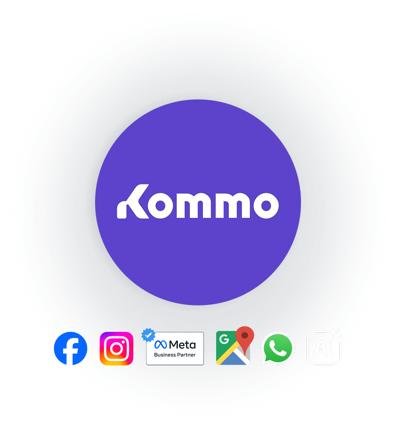 Kommo logo with social media icons including Facebook, Instagram, and WhatsApp