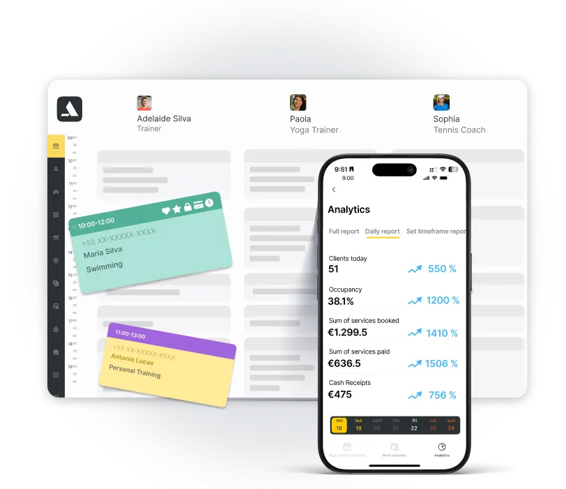 Dashboard displaying trainers' schedules and analytics on a mobile device.