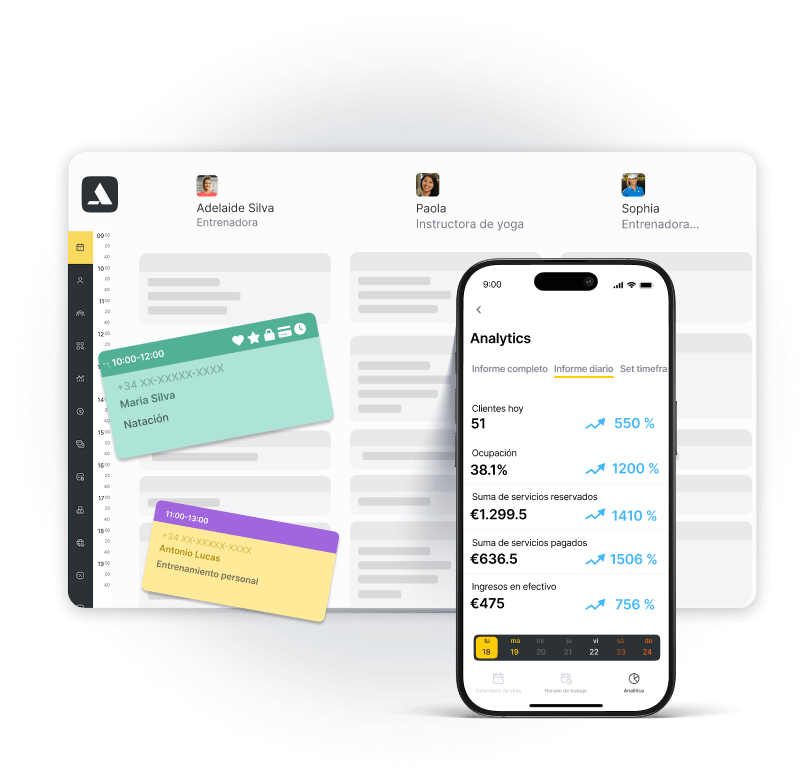 Dashboard displaying trainers' schedules and analytics on a mobile device.