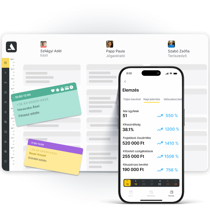 Dashboard displaying trainers' schedules and analytics on a mobile device.