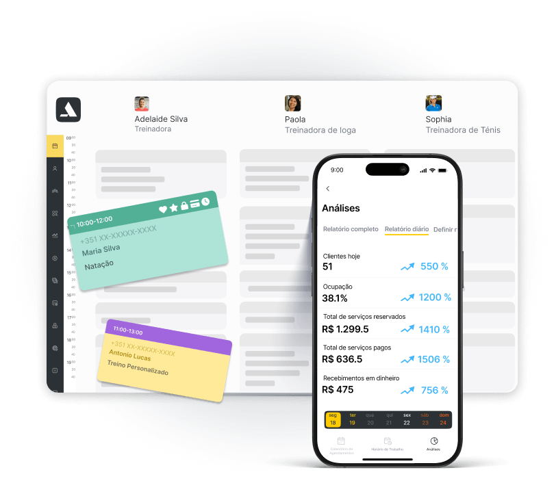 Tela de aplicativo com análise de clientes e horários de treino.