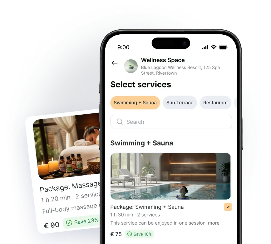 Mobile app interface for wellness services including swimming and sauna options.