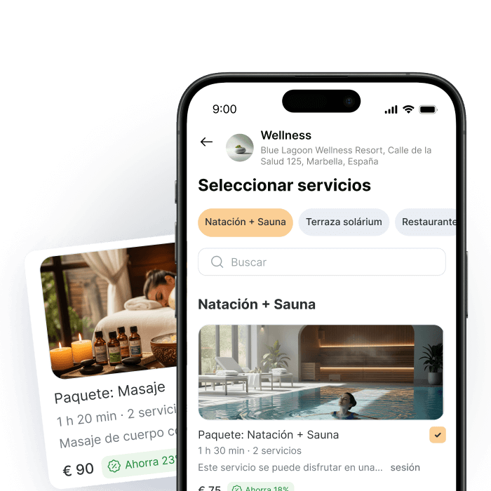 Mobile app interface for wellness services including swimming and sauna options.