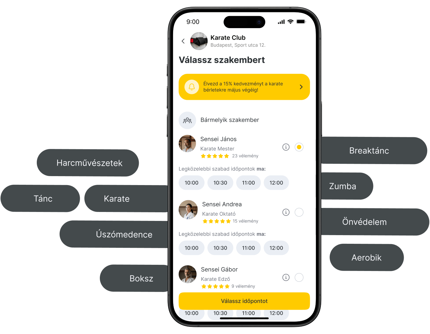 Mobile app interface for selecting karate specialists and booking classes.