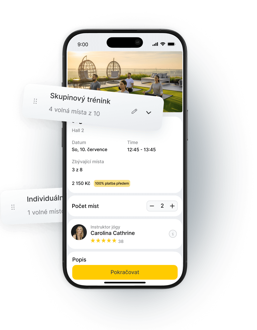 Mobile app interface showing group and individual training options with available spots and instructor details.