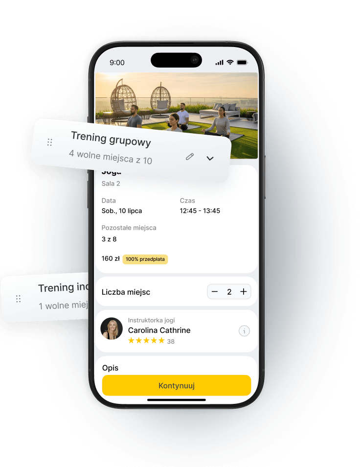 Mobile app interface showing group and individual training options with available spots and instructor details.