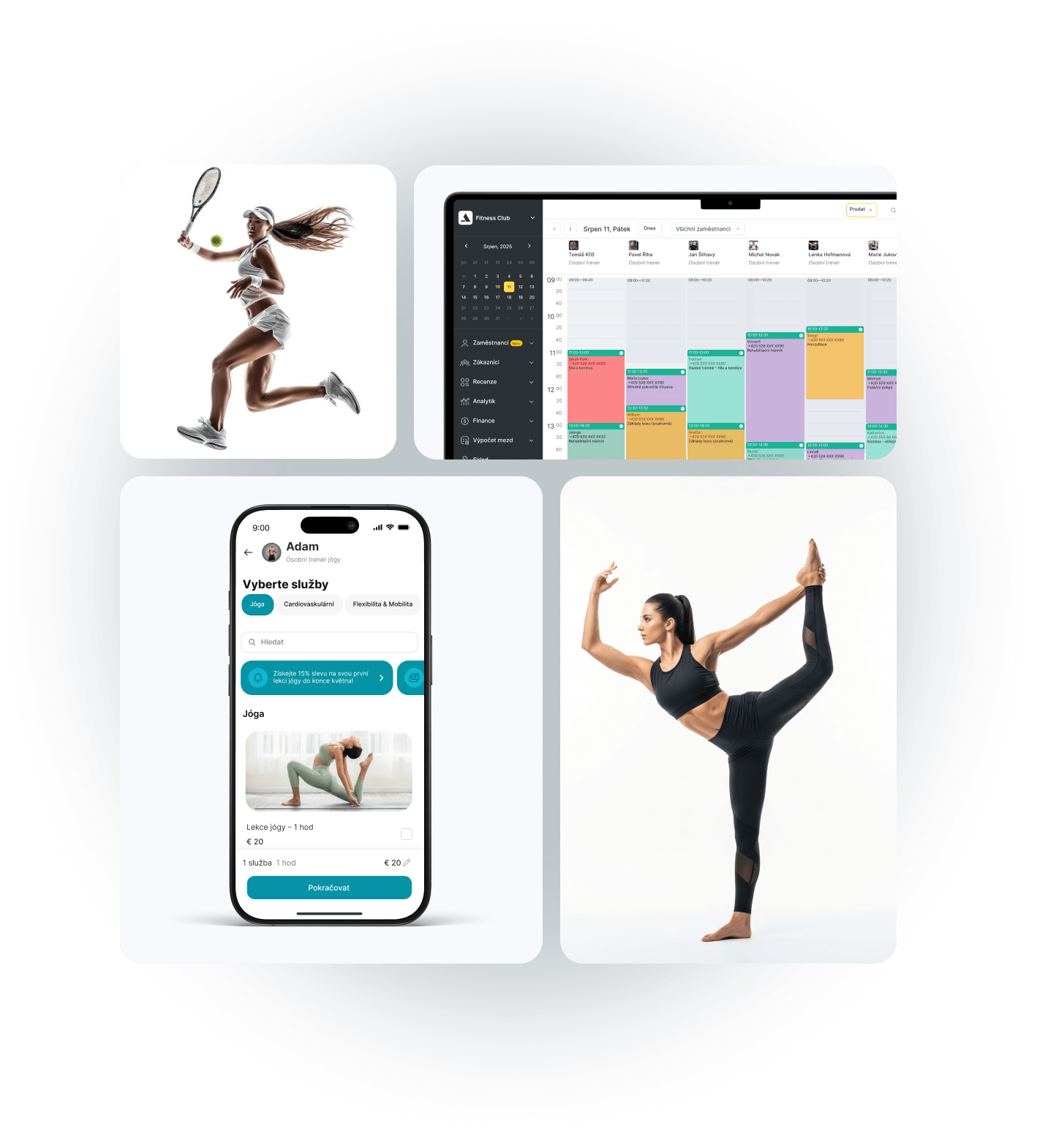 Collage of fitness activities including tennis, yoga app interface, and a yoga pose.