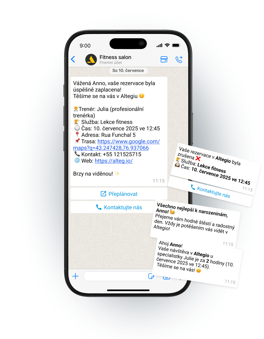 Mobile phone displaying appointment notifications for a fitness salon.