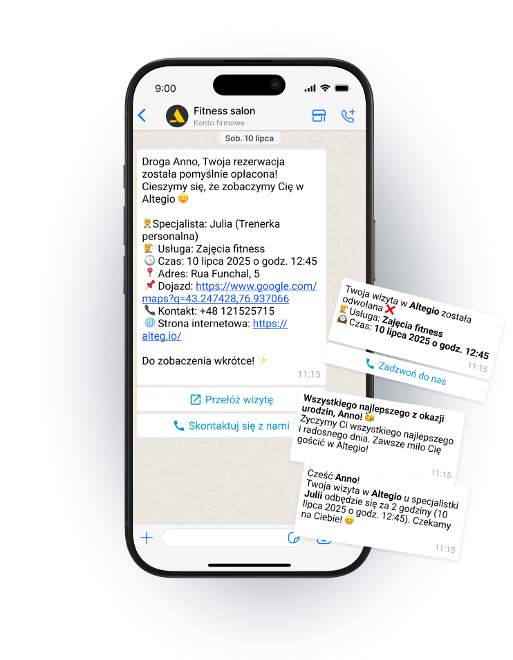 Mobile phone displaying appointment notifications for a fitness salon.
