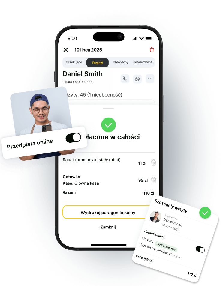 Mobile app interface showing appointment details and payment status for a yoga session.