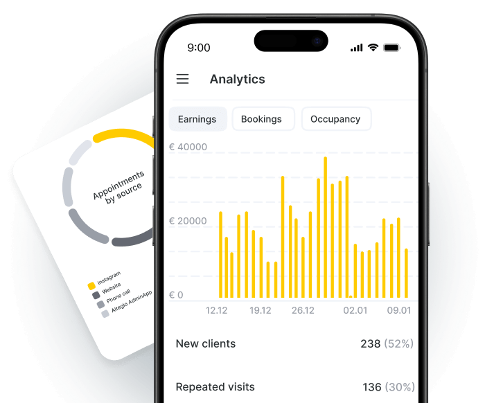 Mobile analytics dashboard showing earnings, bookings, and occupancy statistics.